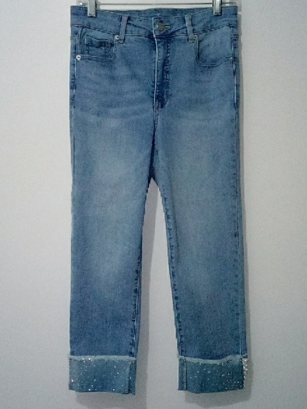 Melanie Lyne Blue Jeweled And Pearl Cuffed Cropped Straight Leg Jeans